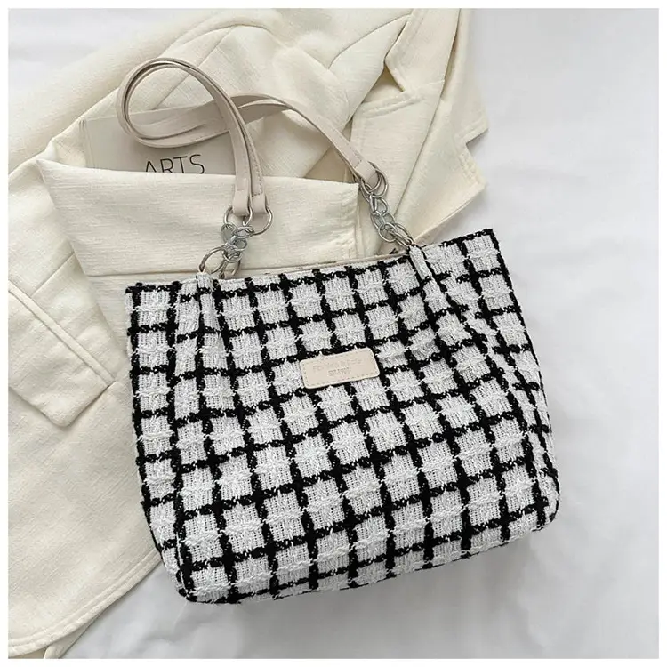 Women Woolen Shoulder Bag Black White Plaid Large Capacity — feature 27