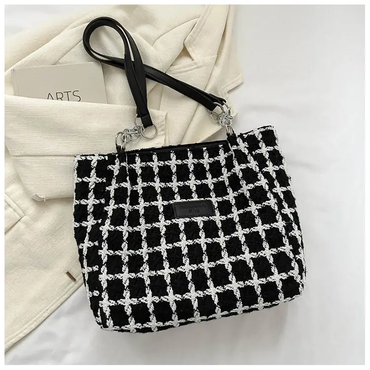 Women Woolen Shoulder Bag Black White Plaid Large Capacity — feature 28