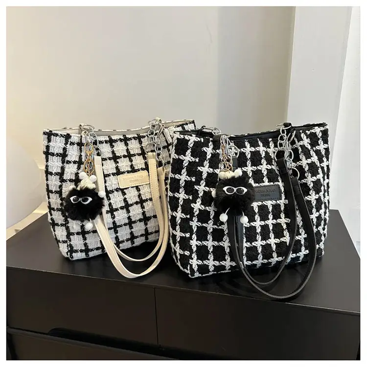 Women Woolen Shoulder Bag Black White Plaid Large Capacity — feature 29