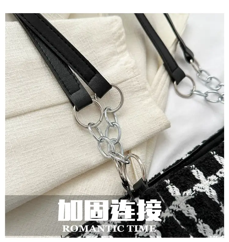 Women Woolen Shoulder Bag Black White Plaid Large Capacity — feature 5
