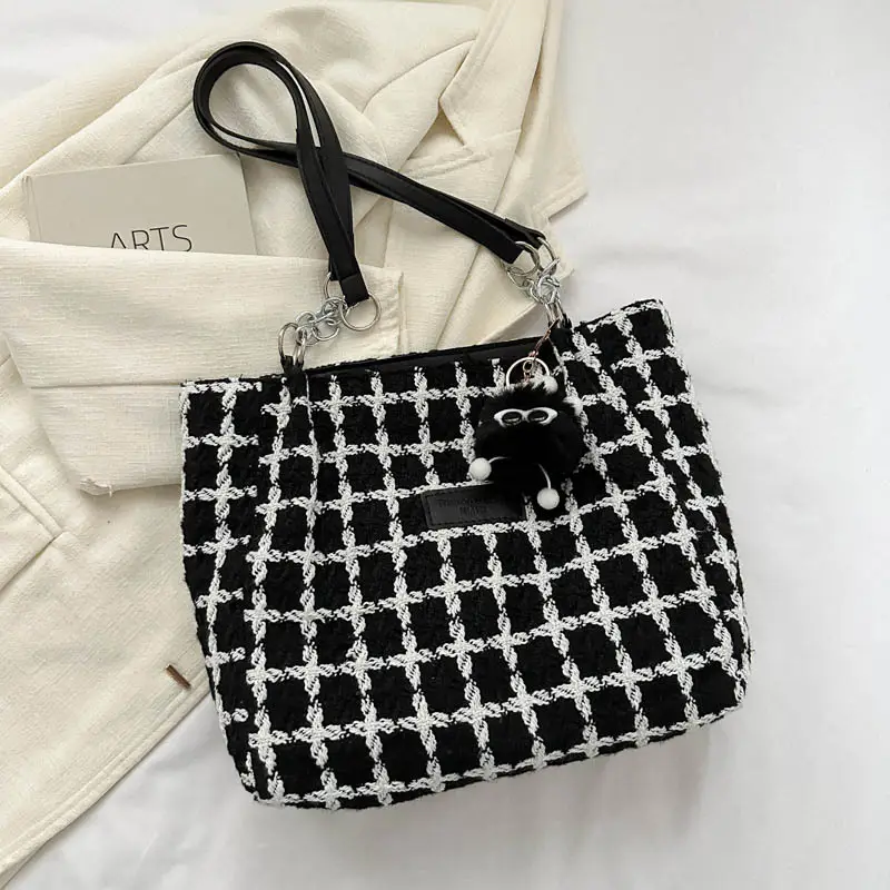 Women Woolen Shoulder Bag Black White Plaid Large Capacity - Image 2