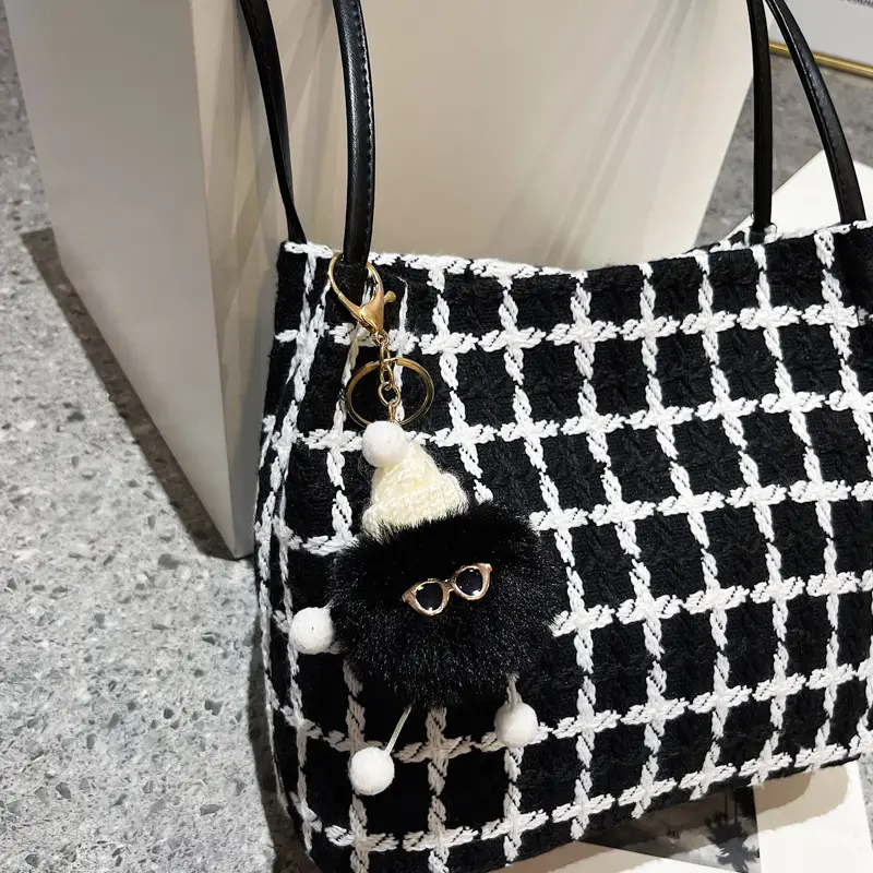 Women Woolen Shoulder Bag Black White Plaid Large Capacity - Image 3