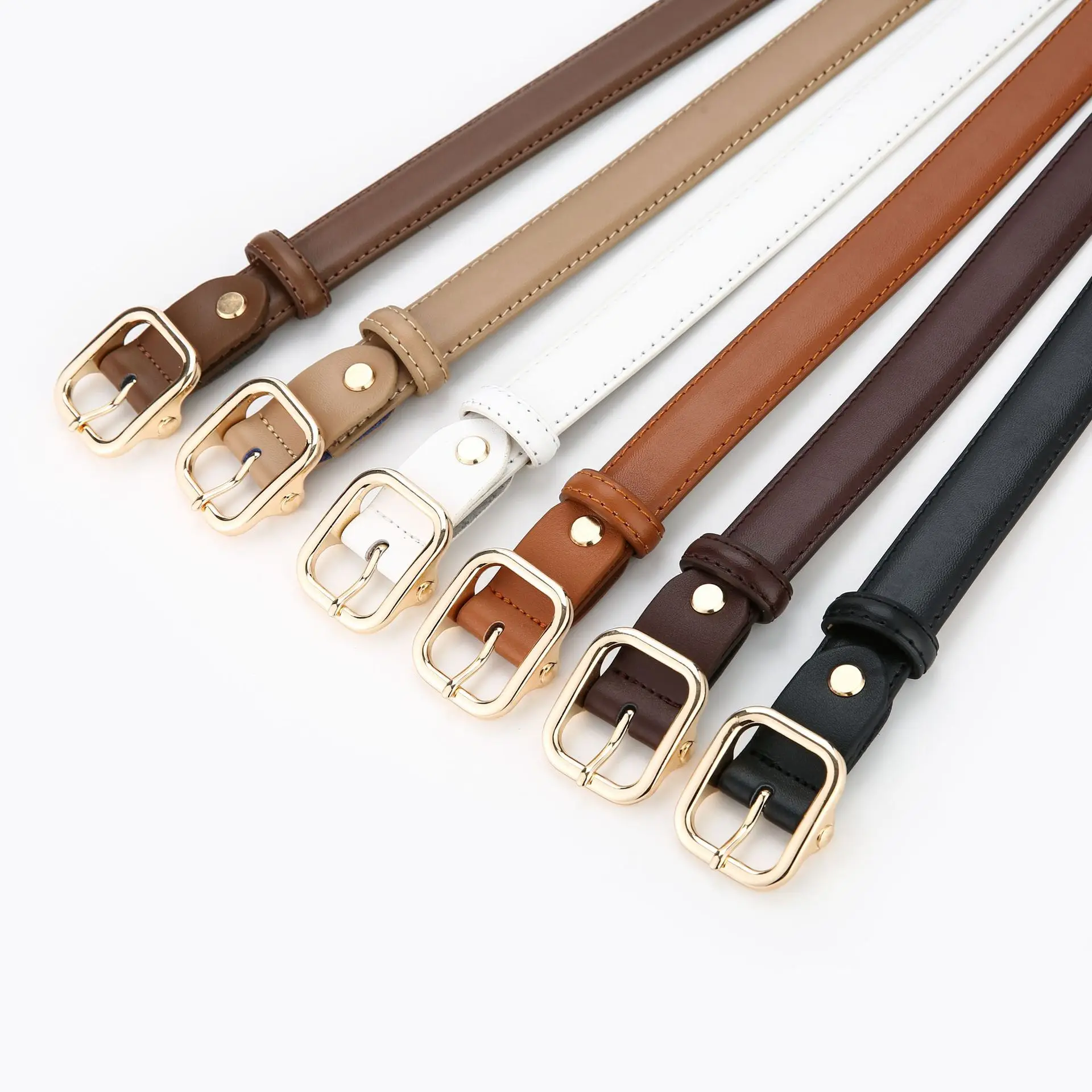 Women's Beige Leather Belt with White Stitching - Image 7