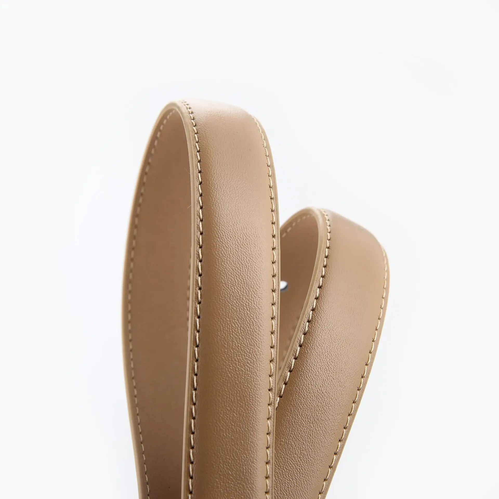 Women's Beige Leather Belt with White Stitching - Image 8