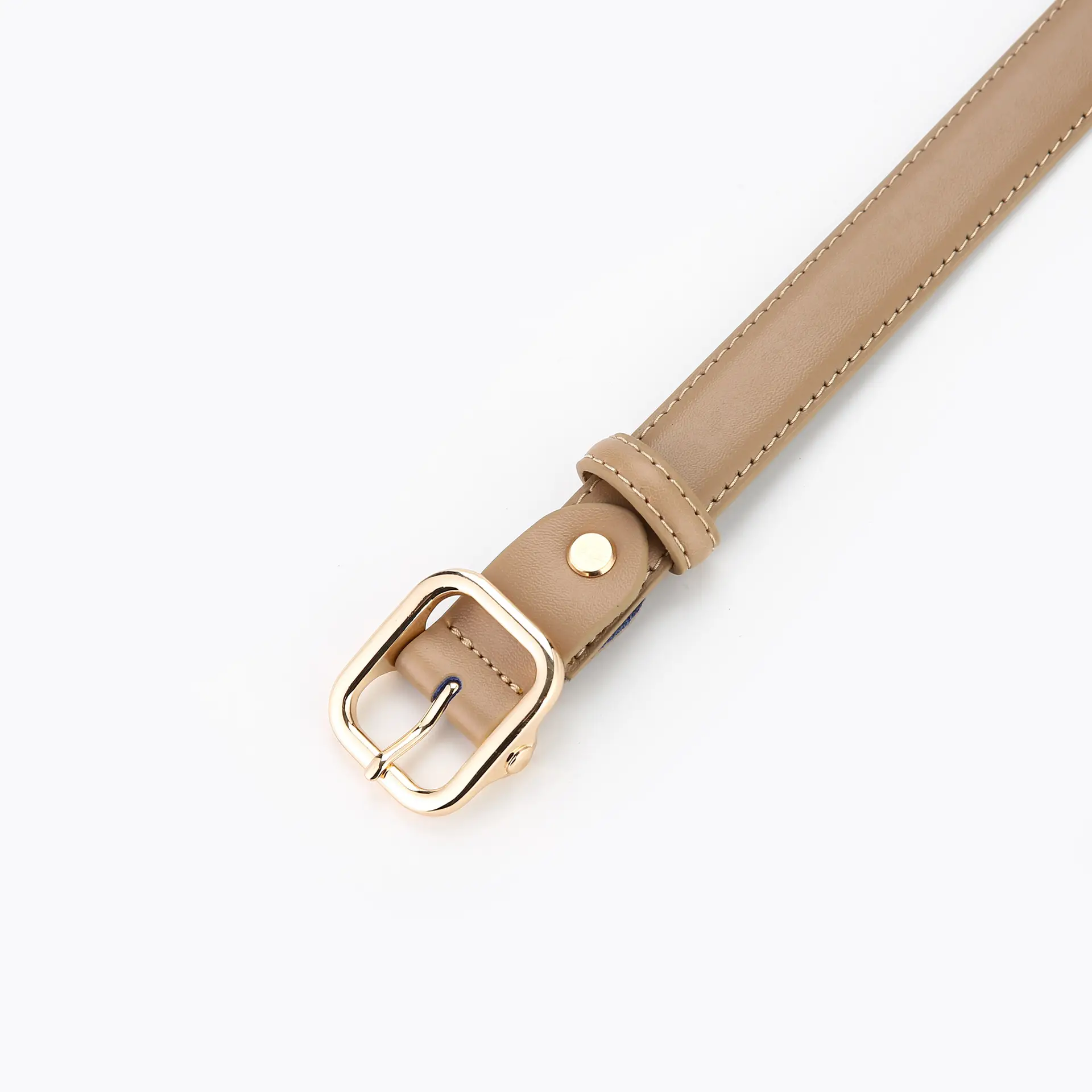 Women's Beige Leather Belt with White Stitching - Image 9