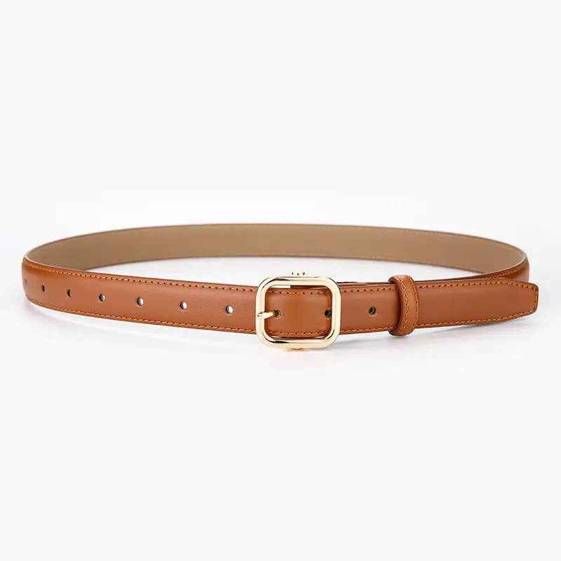 Women's Beige Leather Belt with White Stitching - Image 2