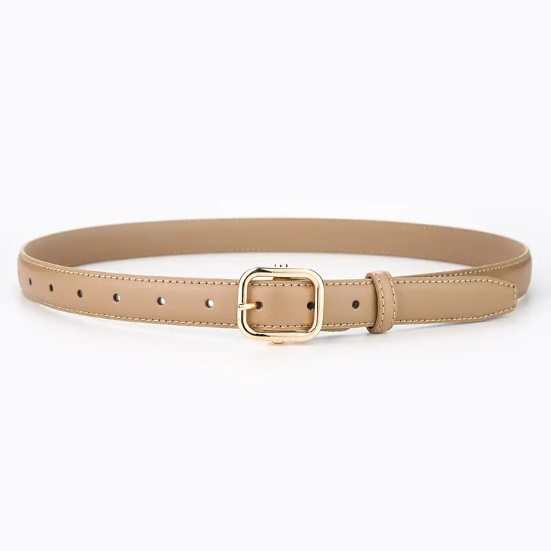 Women's Beige Leather Belt with White Stitching - Image 5