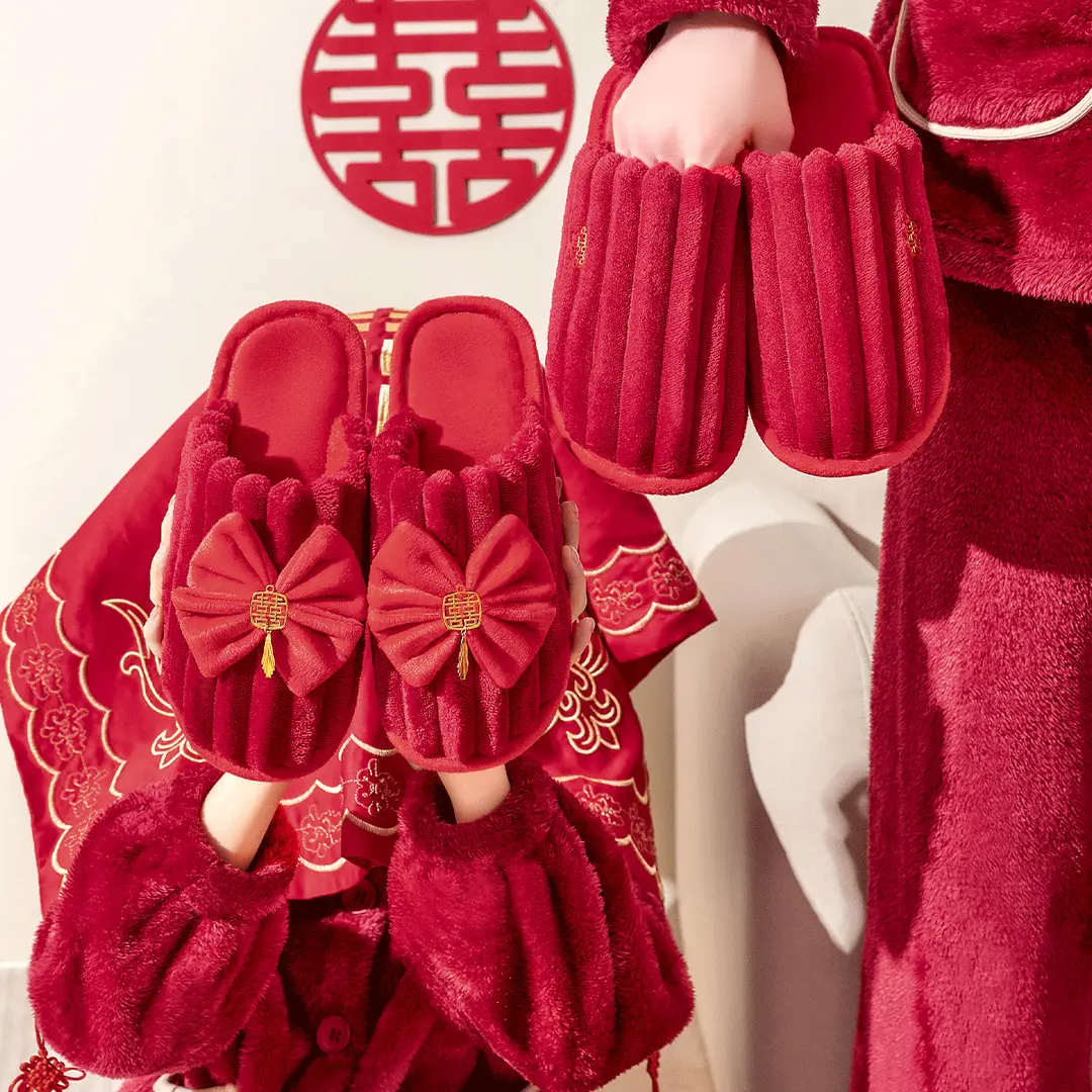 Lidani Wedding Slippers Women's Autumn and Winter Couple Festive Red Pair Home Warm Non-slip Wedding Cotton Slippers - Image 4