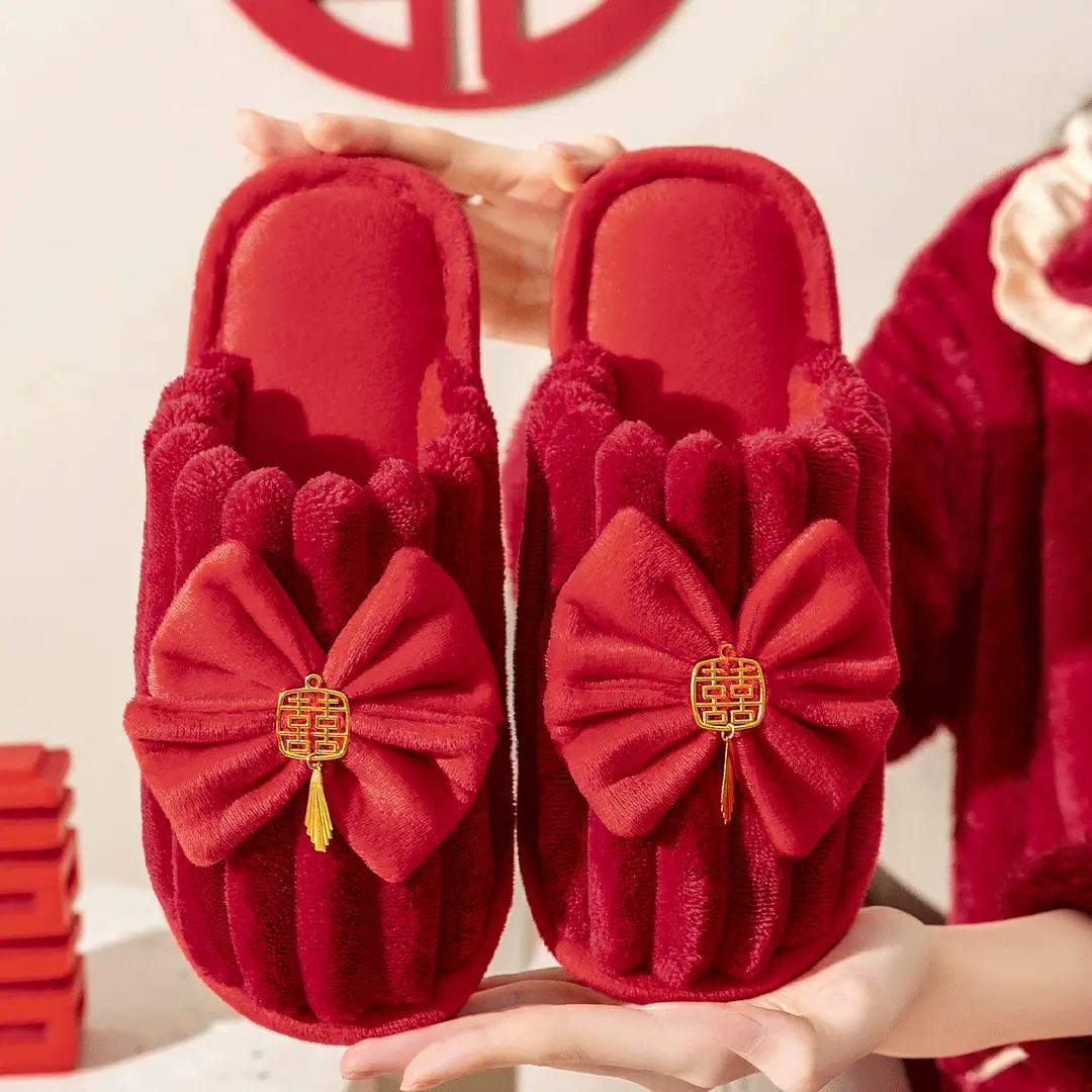 Lidani Wedding Slippers Women's Autumn and Winter Couple Festive Red Pair Home Warm Non-slip Wedding Cotton Slippers - Image 6
