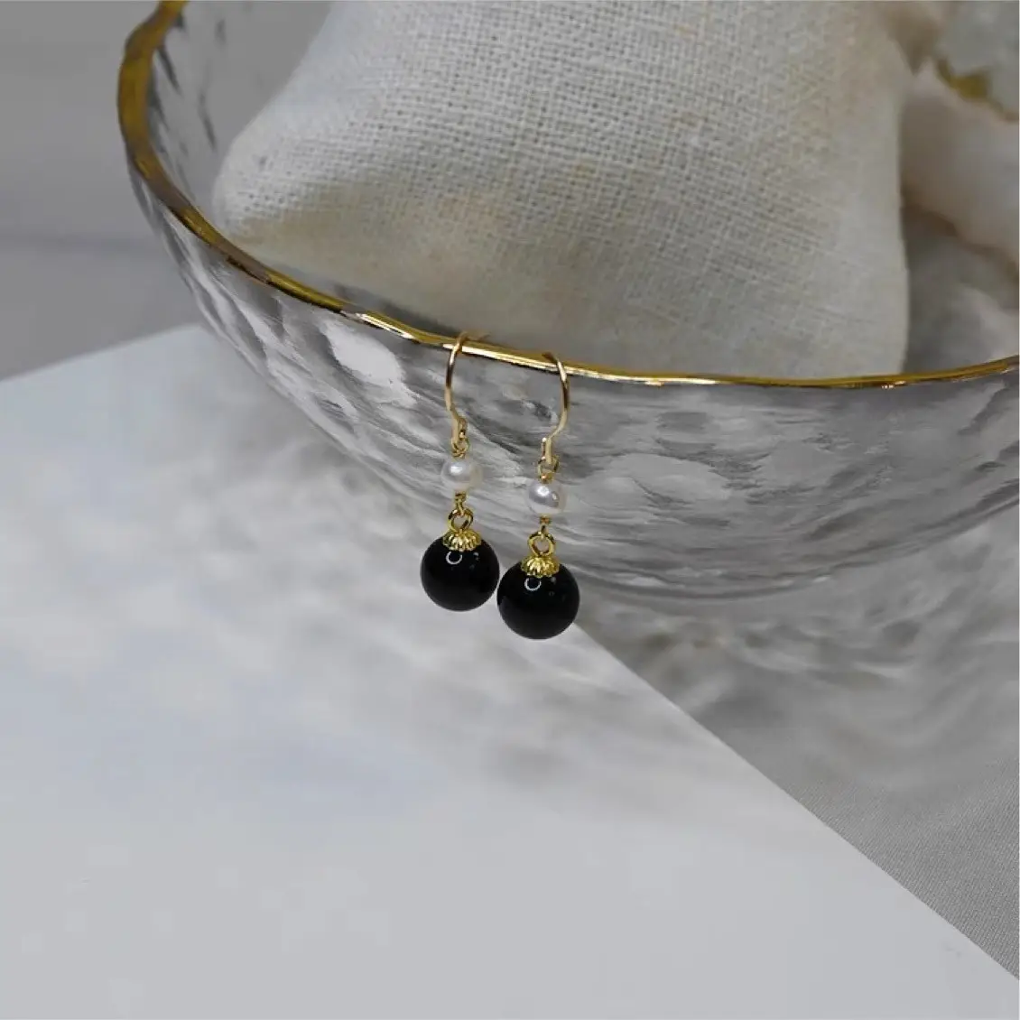 Natural Black Onyx Pearl Earrings 14k Gold - Image 3