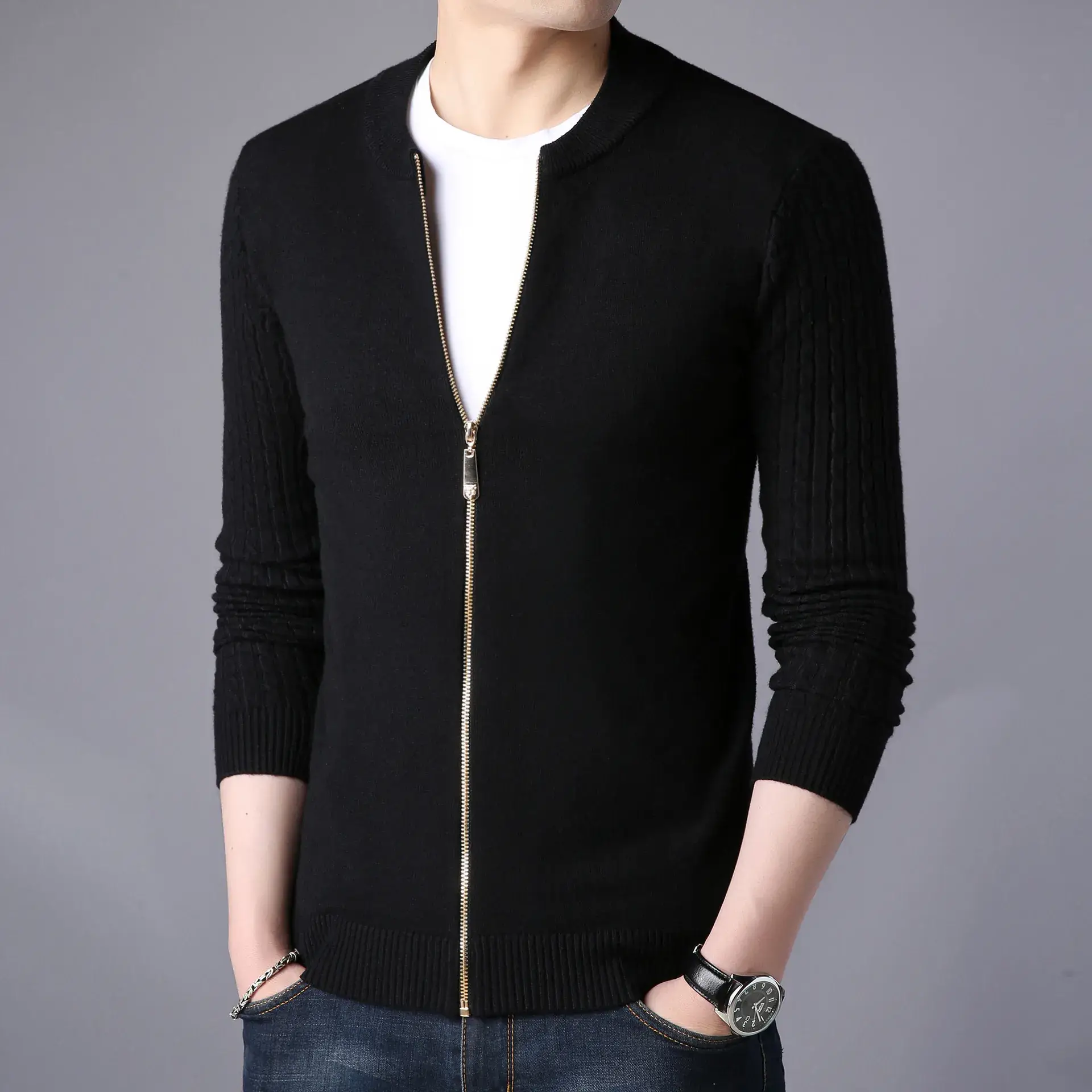 Men's Navy Blue Slim Fit Cardigan Coat with Stand Collar - Image 2