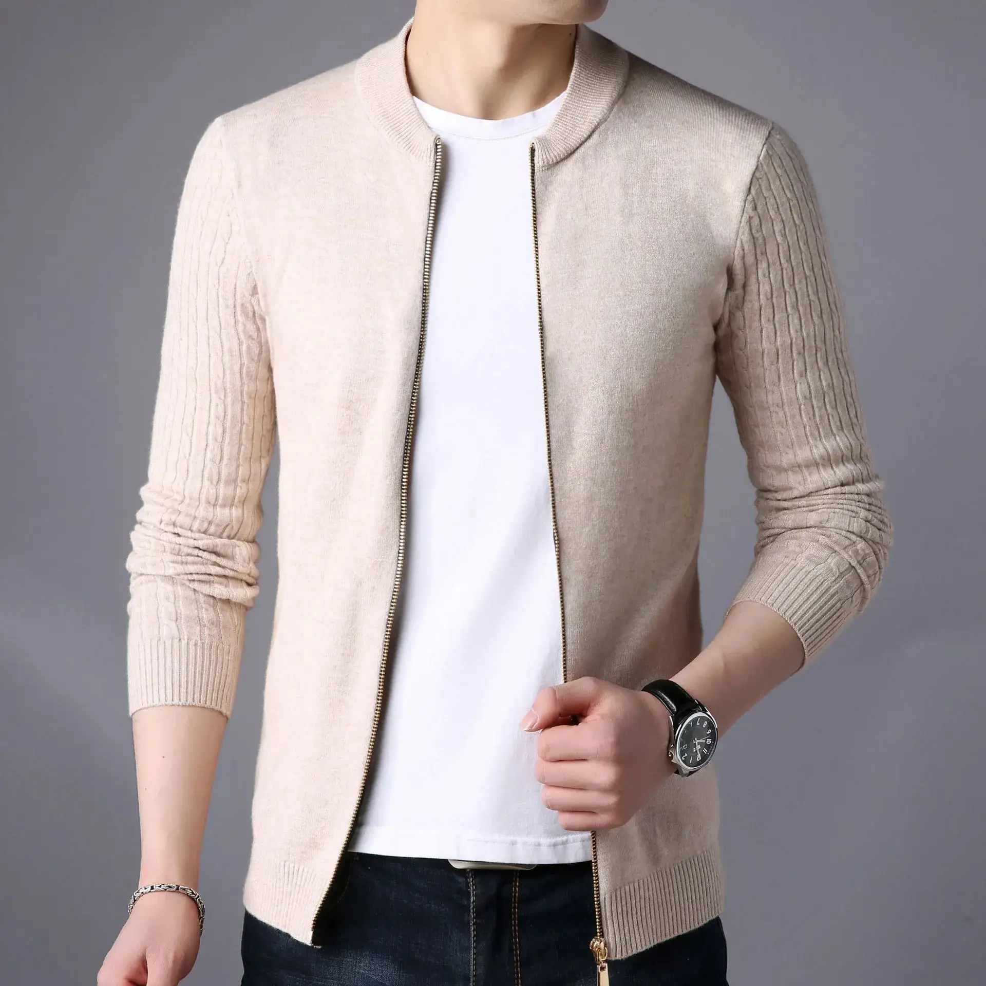 Men's Navy Blue Slim Fit Cardigan Coat with Stand Collar - Image 5
