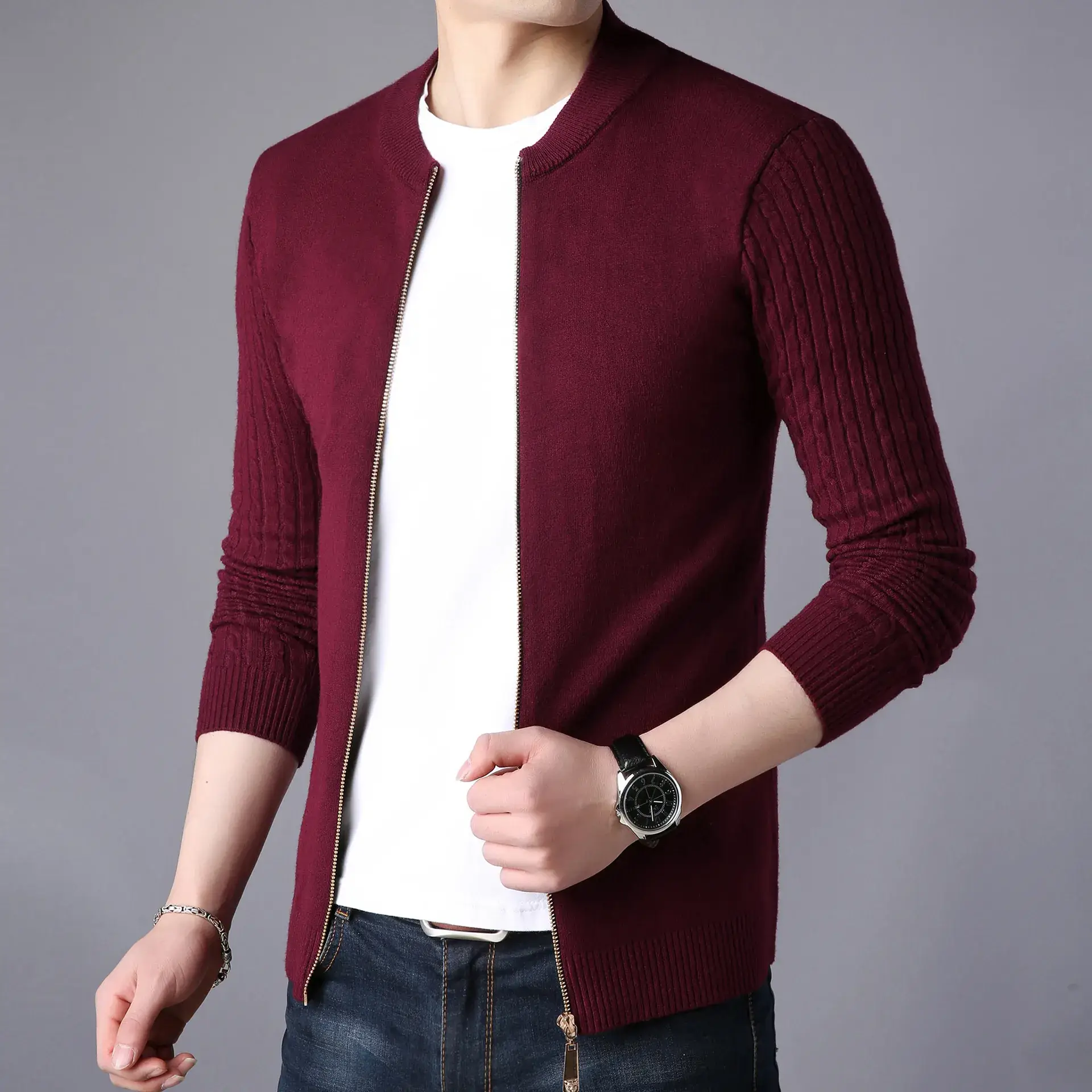Men's Navy Blue Slim Fit Cardigan Coat with Stand Collar - Image 3