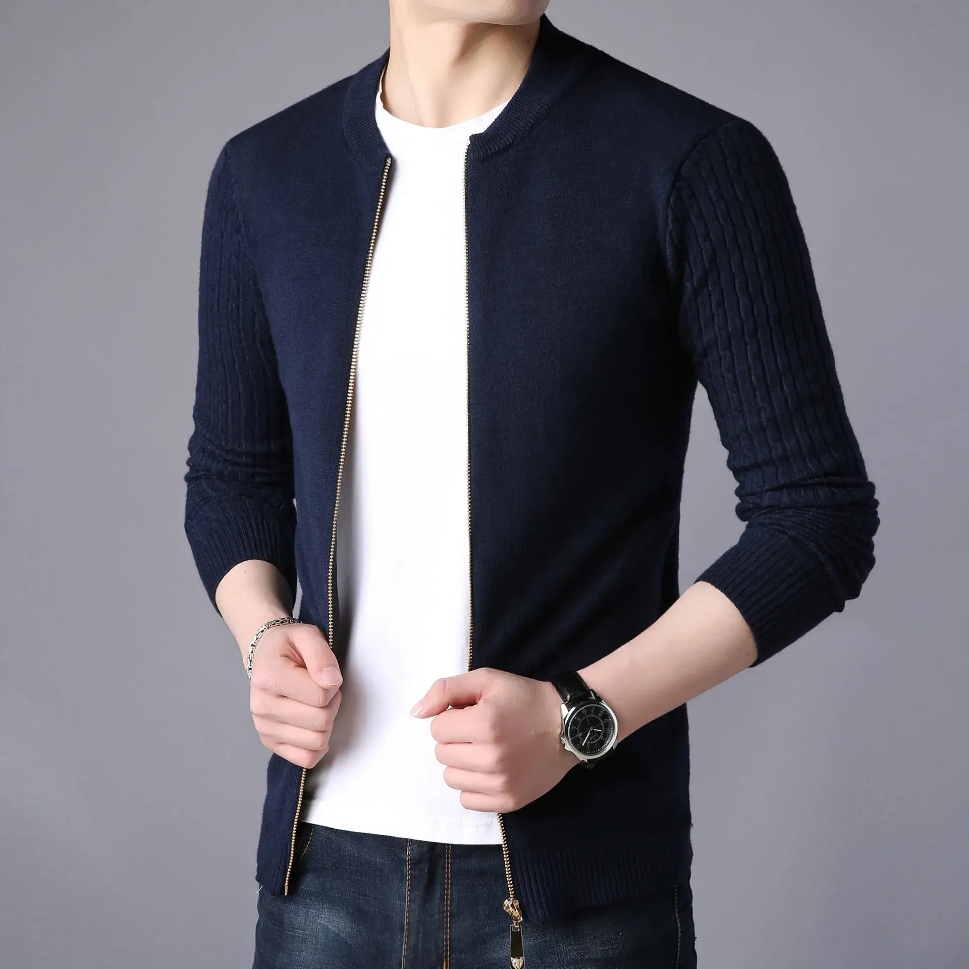Men's Navy Blue Slim Fit Cardigan Coat with Stand Collar - Image 6