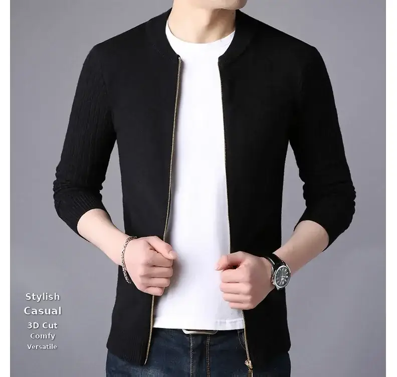 Men's Navy Blue Slim Fit Cardigan Coat with Stand Collar — feature 1