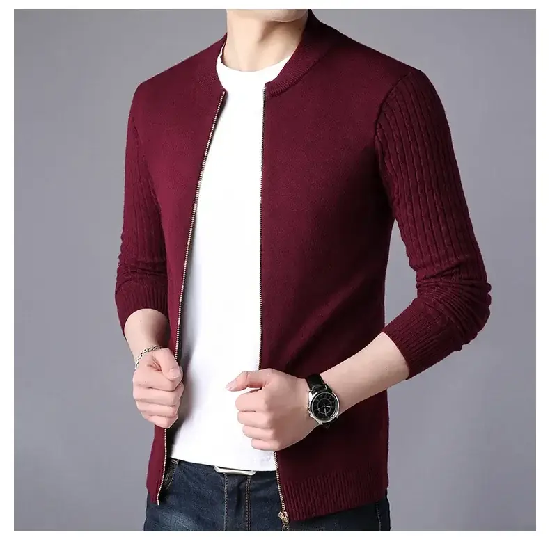 Men's Navy Blue Slim Fit Cardigan Coat with Stand Collar — feature 10