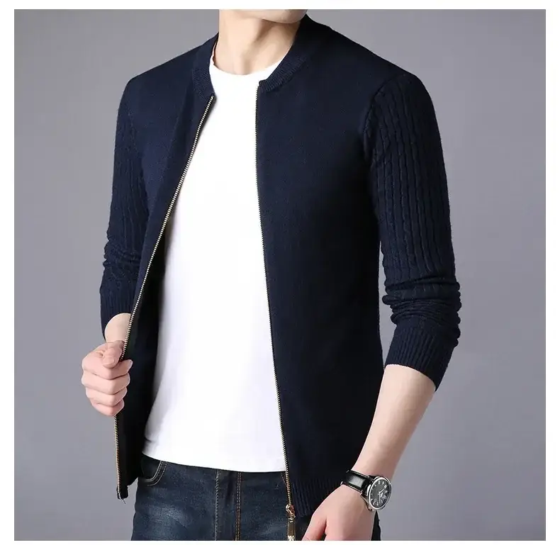 Men's Navy Blue Slim Fit Cardigan Coat with Stand Collar — feature 11