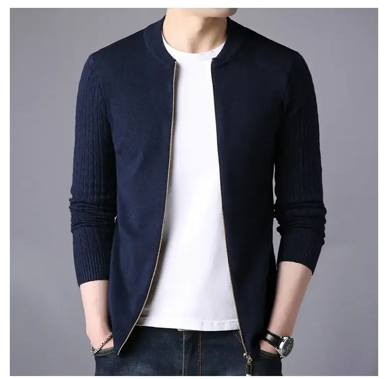 Men's Navy Blue Slim Fit Cardigan Coat with Stand Collar — feature 12