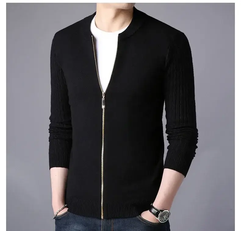 Men's Navy Blue Slim Fit Cardigan Coat with Stand Collar — feature 14