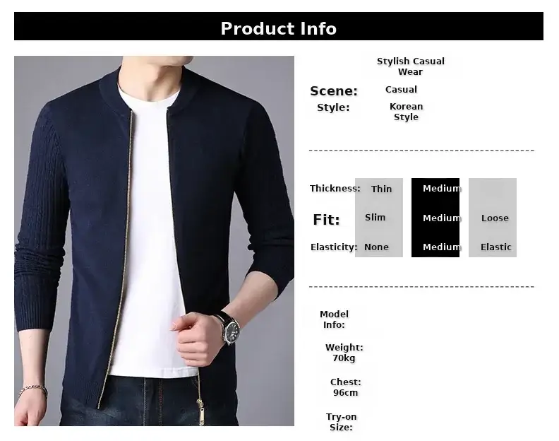 Men's Navy Blue Slim Fit Cardigan Coat with Stand Collar — feature 3
