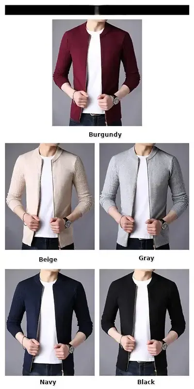 Men's Navy Blue Slim Fit Cardigan Coat with Stand Collar — feature 4