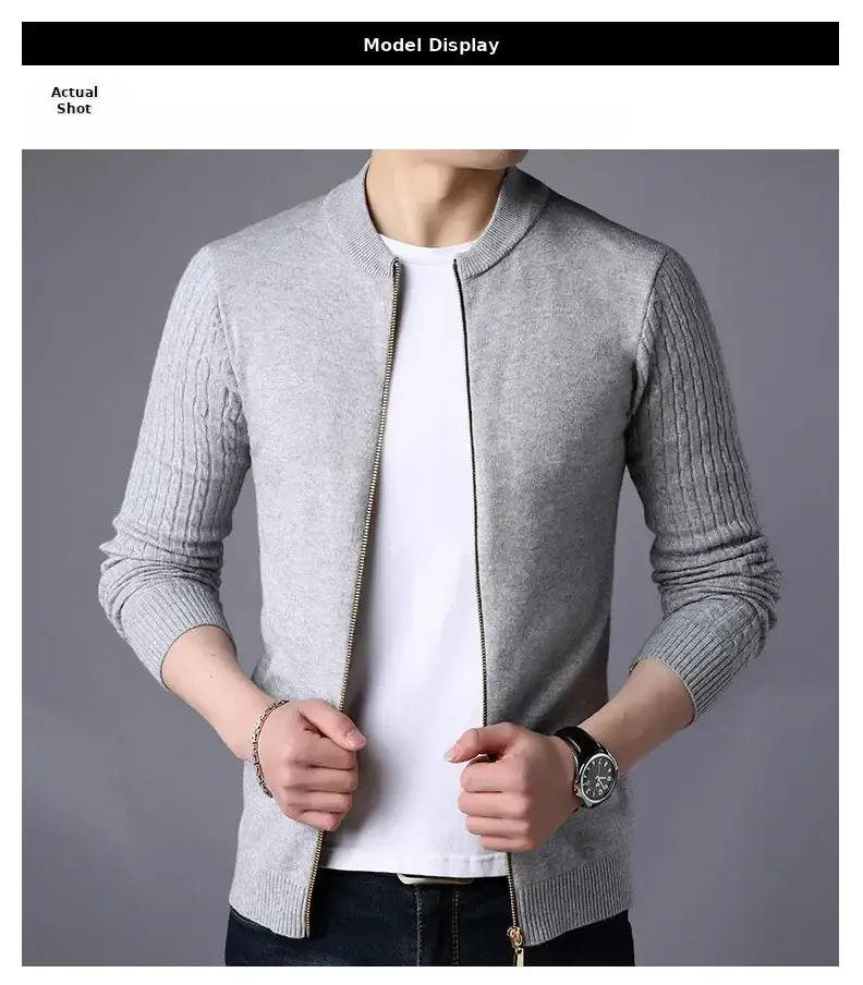 Men's Navy Blue Slim Fit Cardigan Coat with Stand Collar — feature 5