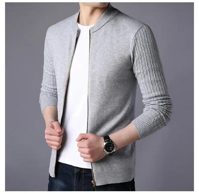 Men's Navy Blue Slim Fit Cardigan Coat with Stand Collar — feature 6