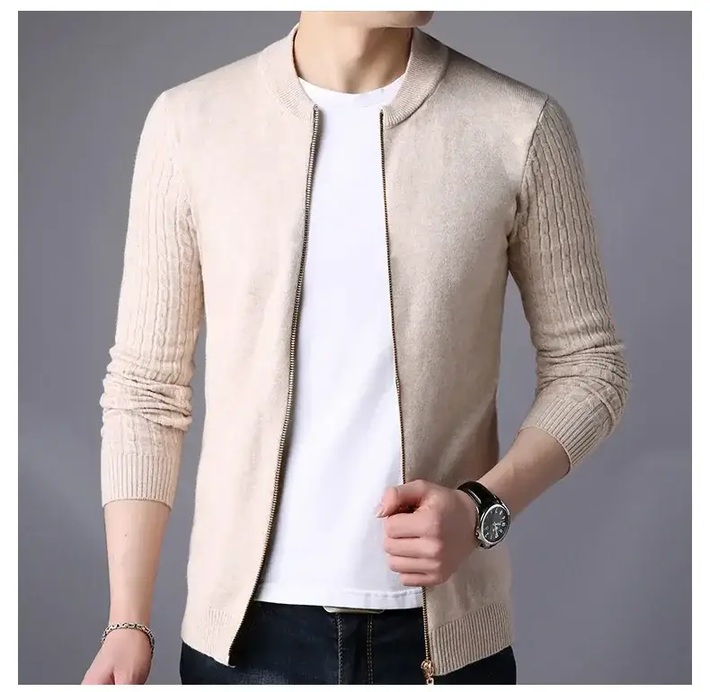Men's Navy Blue Slim Fit Cardigan Coat with Stand Collar — feature 8