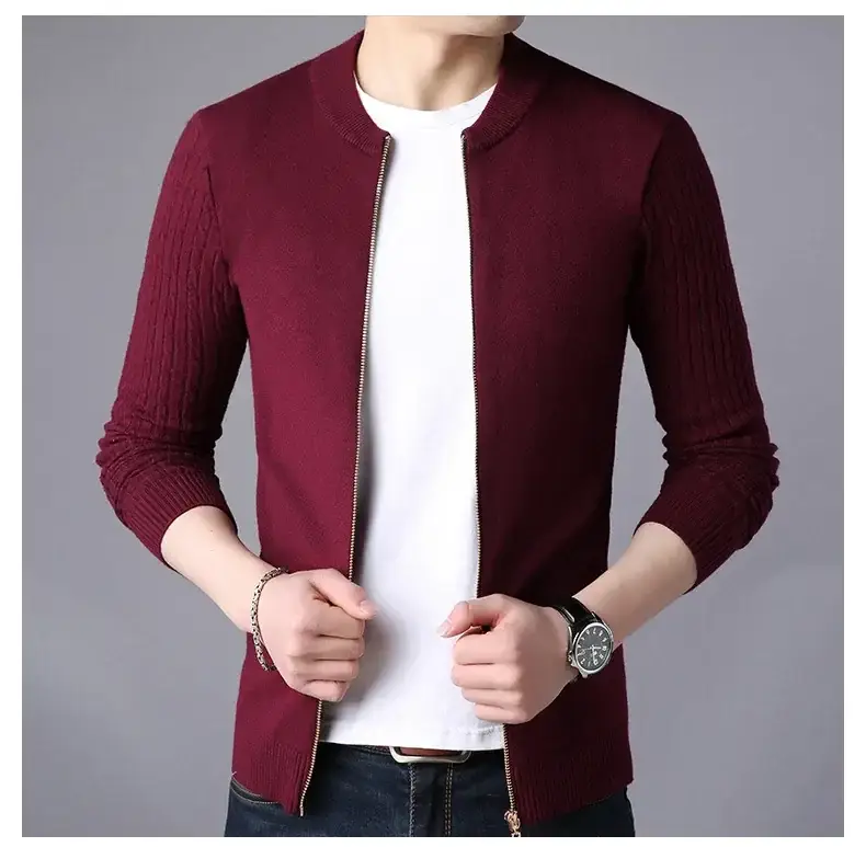 Men's Navy Blue Slim Fit Cardigan Coat with Stand Collar — feature 9
