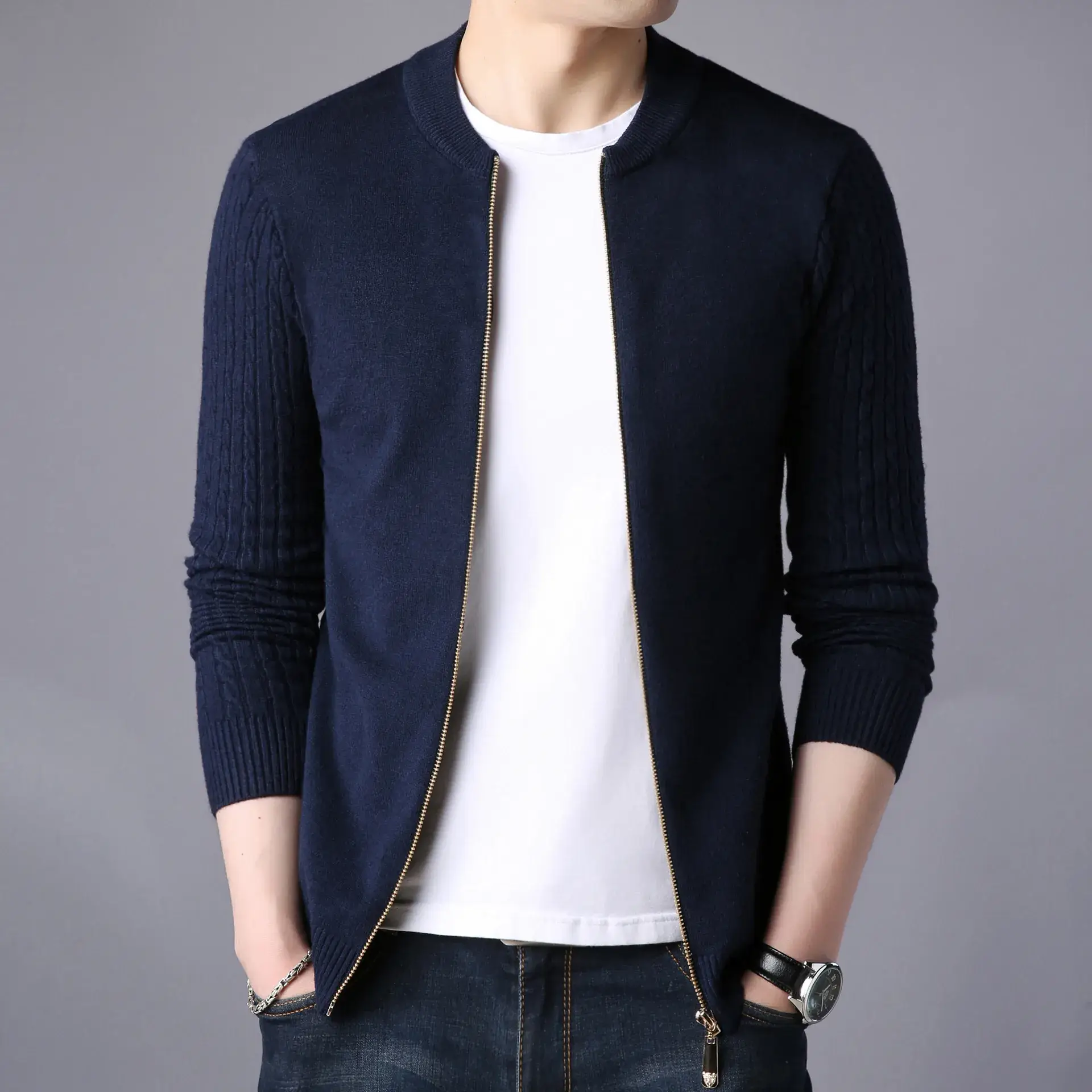 Men's Navy Blue Slim Fit Cardigan Coat with Stand Collar - Image 4