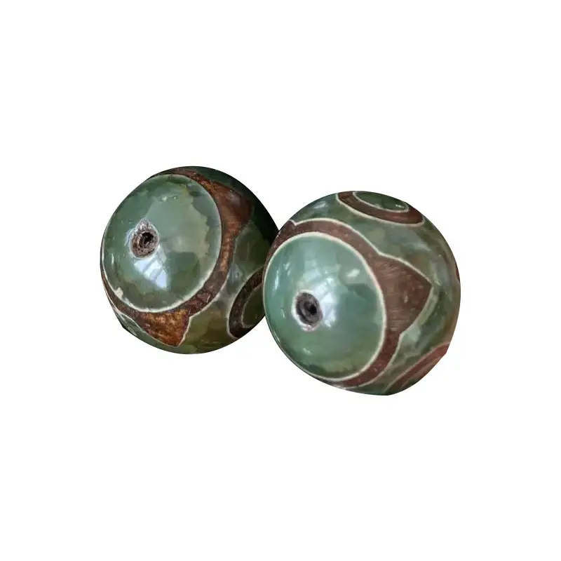 Natural Agate 14mm Beads Yellow Old Green Three Eyes - Image 2