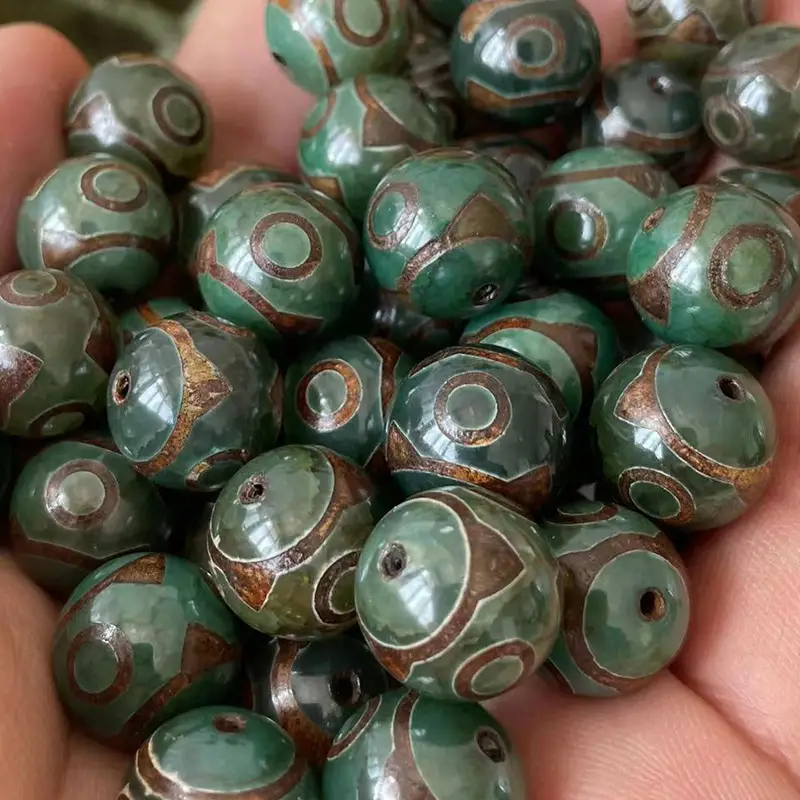 Natural Agate 14mm Beads Yellow Old Green Three Eyes - Image 3