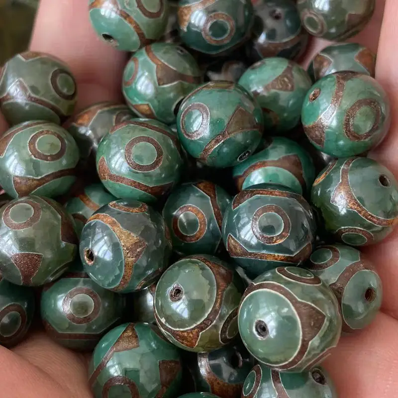 Natural Agate 14mm Beads Yellow Old Green Three Eyes - Image 4