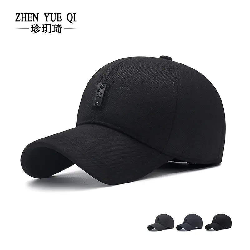 Black Cotton Baseball Cap with Ear Protection for Men - Image 4