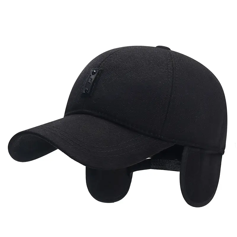 Black Cotton Baseball Cap with Ear Protection for Men - Image 5