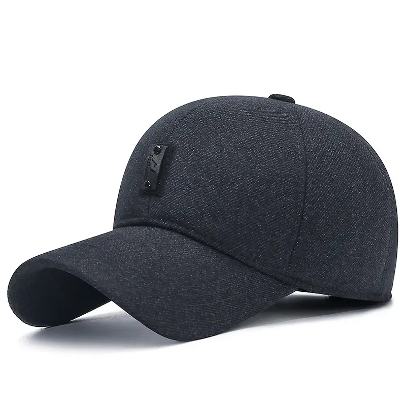 Black Cotton Baseball Cap with Ear Protection for Men - Image 2