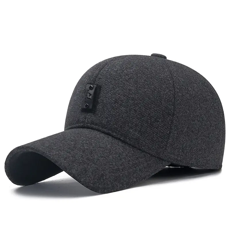 Black Cotton Baseball Cap with Ear Protection for Men - Image 3