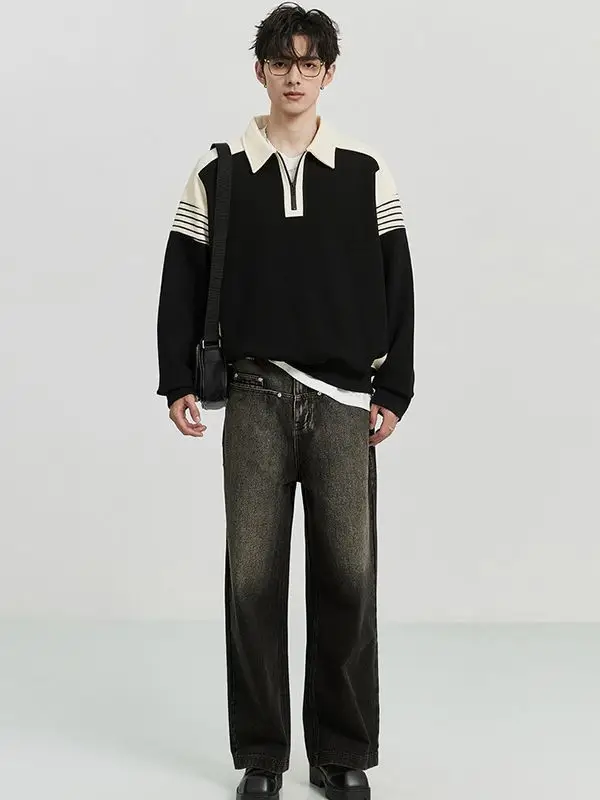 Men Black White Striped Half Zip Knit Sweater Pants Set - Image 3