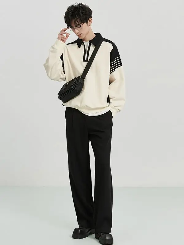 Men Black White Striped Half Zip Knit Sweater Pants Set - Image 2