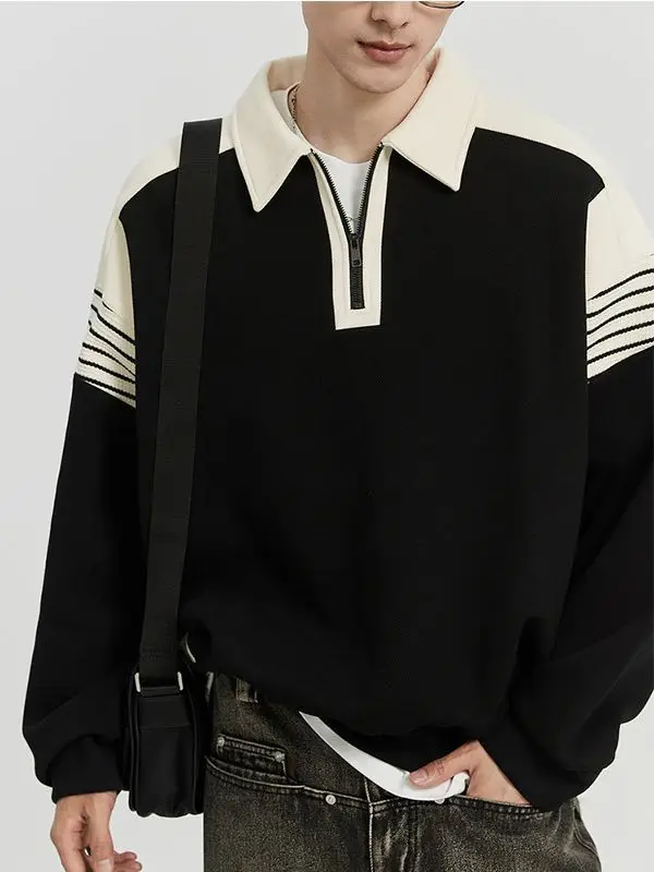 Men Black White Striped Half Zip Knit Sweater Pants Set - Image 4