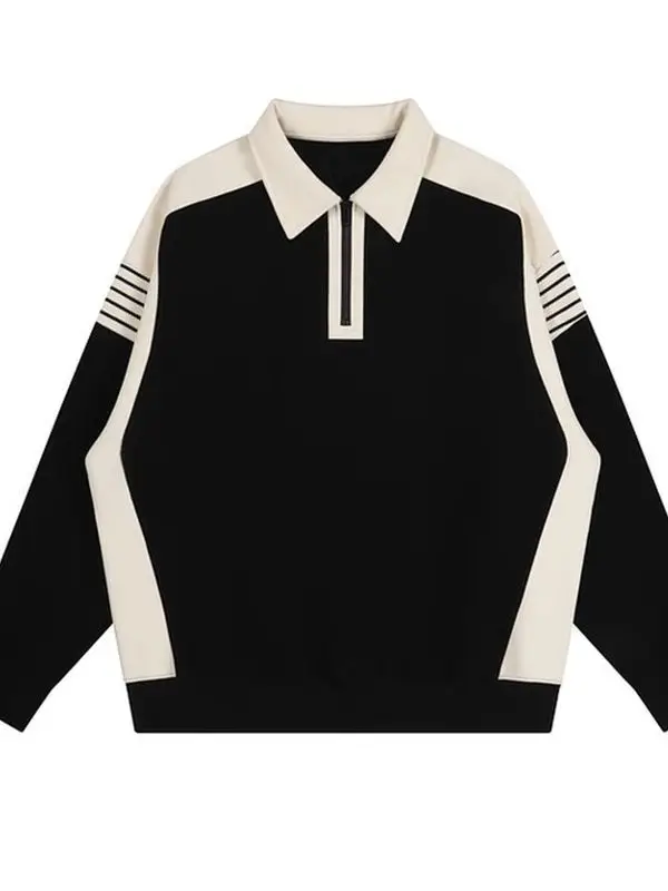 Men Black White Striped Half Zip Knit Sweater Pants Set - Image 5