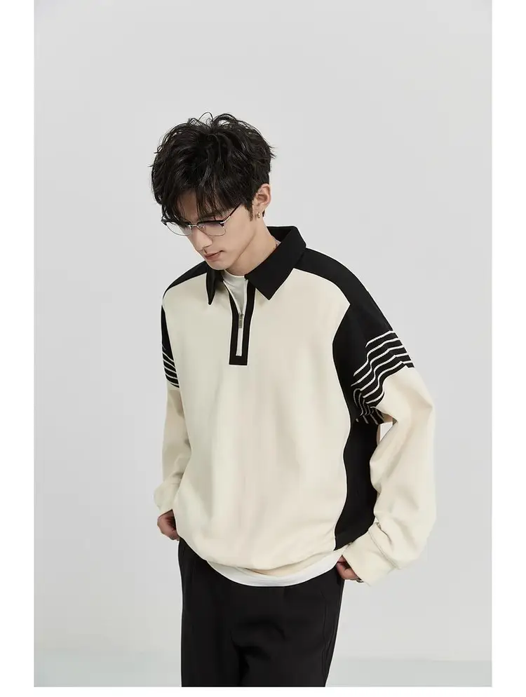 Men Black White Striped Half Zip Knit Sweater Pants Set — feature 1