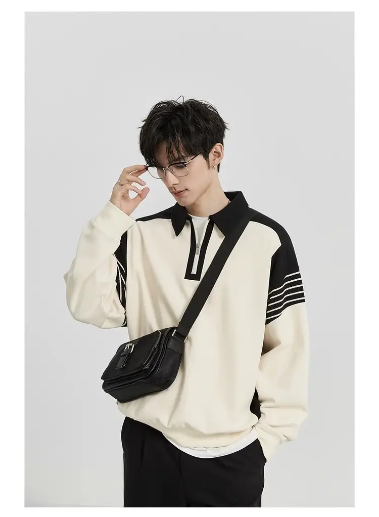 Men Black White Striped Half Zip Knit Sweater Pants Set — feature 10