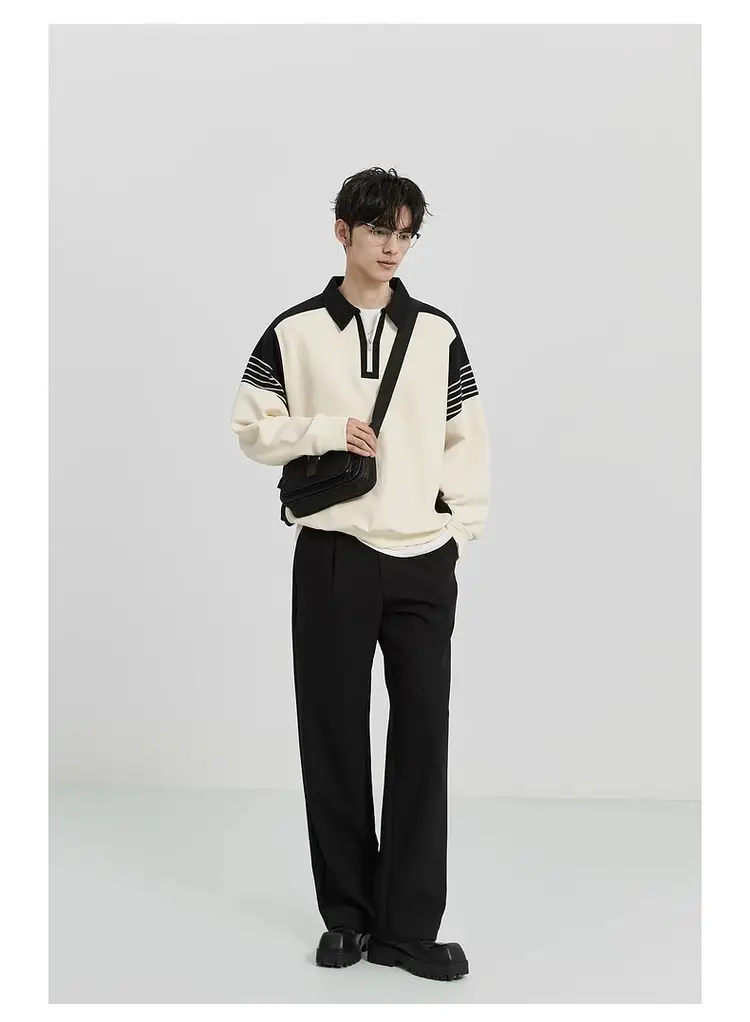 Men Black White Striped Half Zip Knit Sweater Pants Set — feature 11