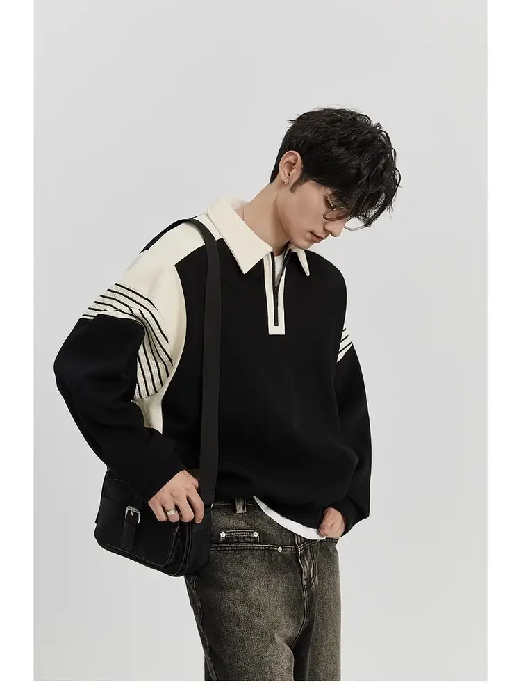 Men Black White Striped Half Zip Knit Sweater Pants Set — feature 12