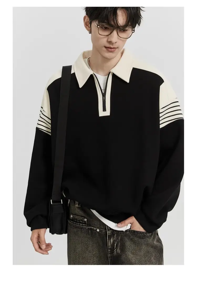 Men Black White Striped Half Zip Knit Sweater Pants Set — feature 13