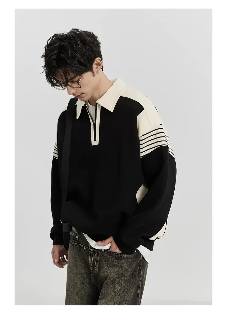 Men Black White Striped Half Zip Knit Sweater Pants Set — feature 14