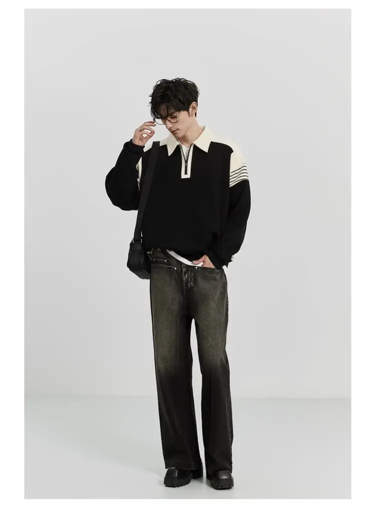Men Black White Striped Half Zip Knit Sweater Pants Set — feature 15
