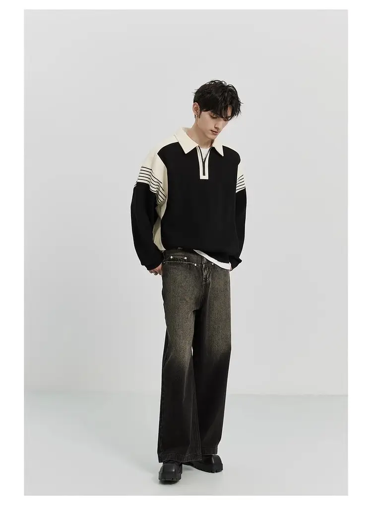 Men Black White Striped Half Zip Knit Sweater Pants Set — feature 16