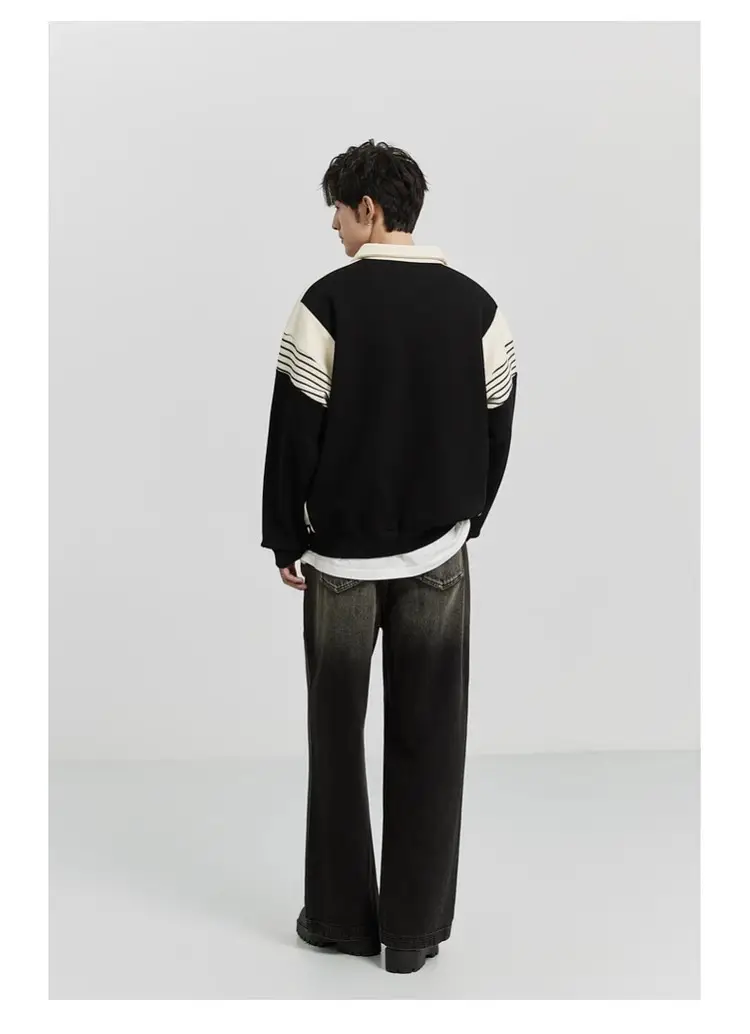 Men Black White Striped Half Zip Knit Sweater Pants Set — feature 17